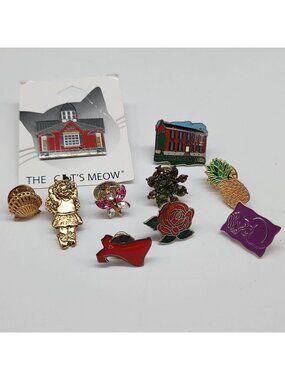 Vintage Pins Buttons The Cats Meow Pineapple Rose Little Schoolhouse Rhinestones